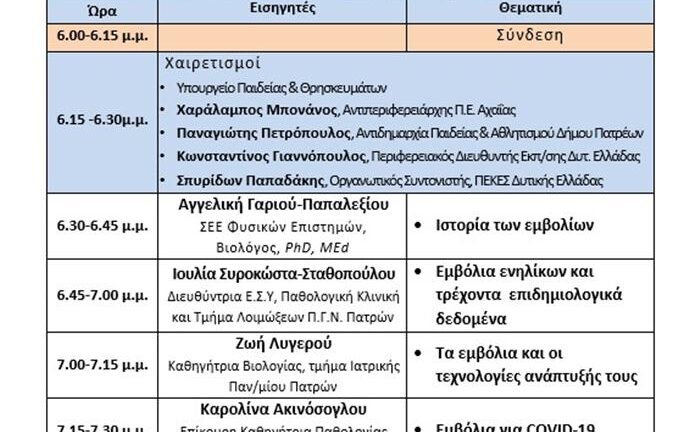 Διαδικτυακή Hμερίδα «ΕΜΒΟΛΙΑ: Ακούμε & Ρωτάμε τους Ειδικούς»