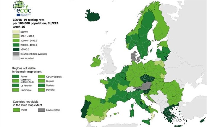 Χάρτης ECDC: Παραμένει «πράσινη» η Ελλάδα σε τεστ και θετικότητα