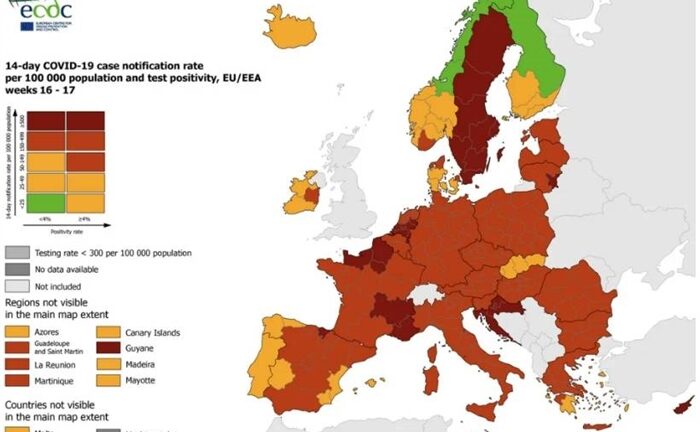 Χάρτης ECDC: «Πράσινη» για τρίτη εβδομάδα η Ελλάδα στο δείκτη θετικότητας