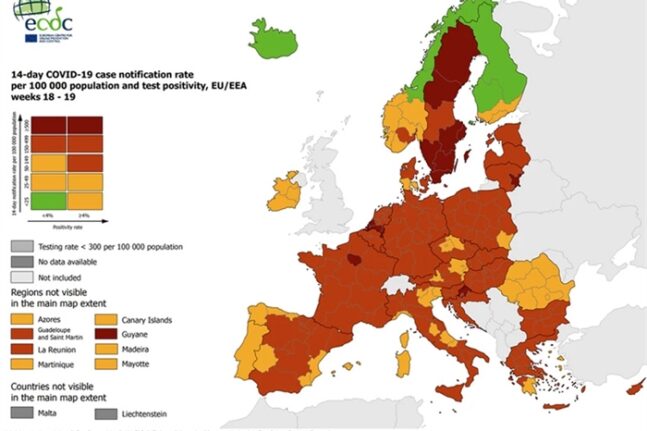 Χάρτης ECDC: Στο «πράσινο» παραμένει η Ελλάδα στον δείκτη θετικότητας
