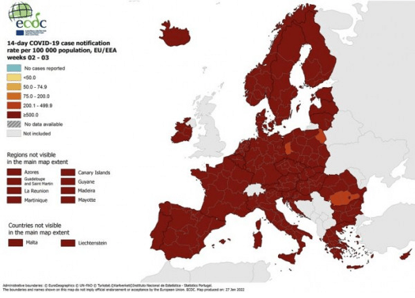 ECDC: Στο «βαθύ κόκκινο» παραμένει η Ελλάδα - Στο «κίτρινο» ο δείκτης θετικότητας