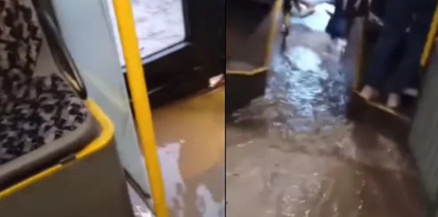 Θεσσαλονίκη: Πλημμύρισε... λεωφορείο από την ισχυρή καταιγίδα - ΒΙΝΤΕΟ