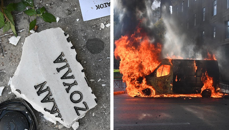 Επεισόδια στην Αθήνα: Έσπασαν το μνημείο για τα θύματα της Marfin και έκαψαν βαν
