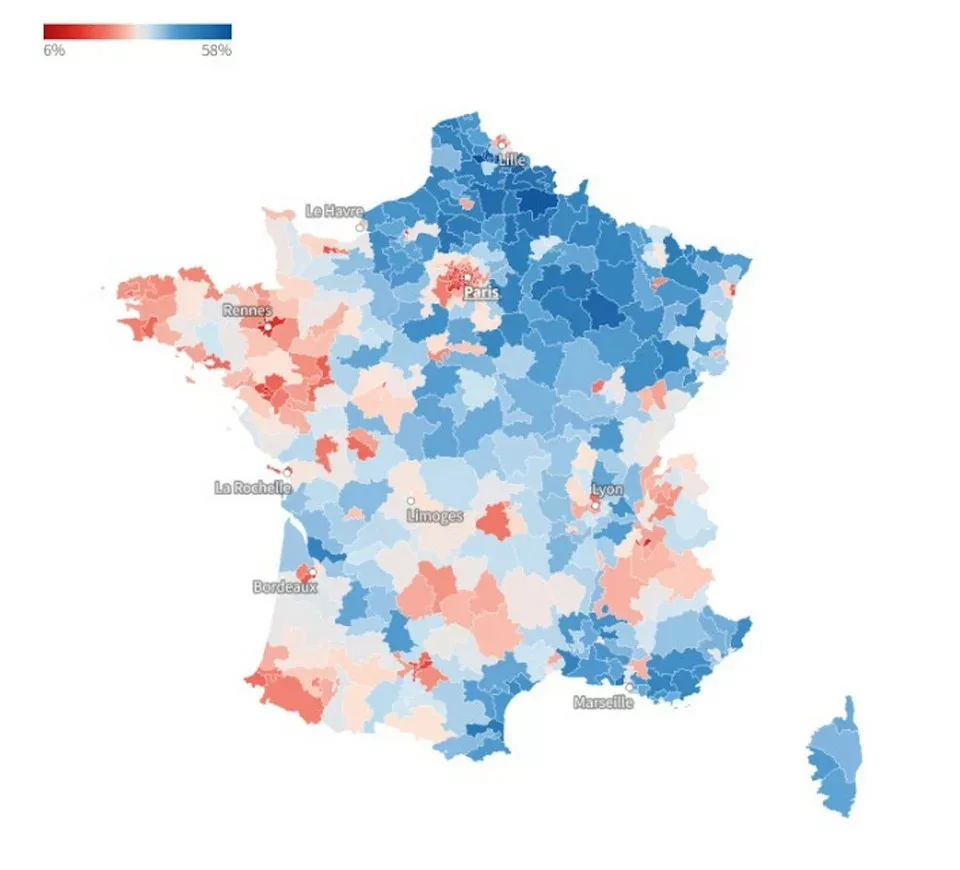 Τα υψηλότερα ποσοστά της ακροδεξιάς στις ευρωεκλογές, στις περιοχές με το μπλε χρώμα και τα χαμηλότερα στις περιοχές με κόκκινο