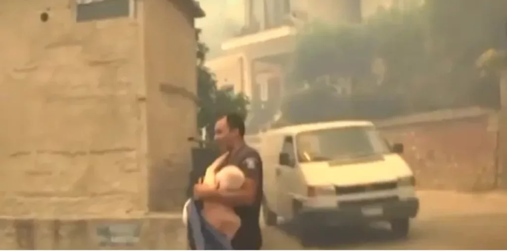 Αστυνομικός μεταφέρει ηλικιωμένο από τη φωτιά στο Γηροκομειό
