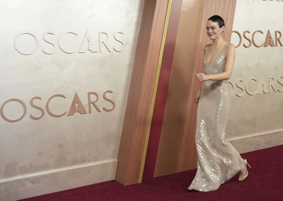 Emma Stone arrives at the Oscars on Sunday, March 2, 2025, at the Dolby Theatre in Los Angeles. (AP Photo/Jae C. Hong)