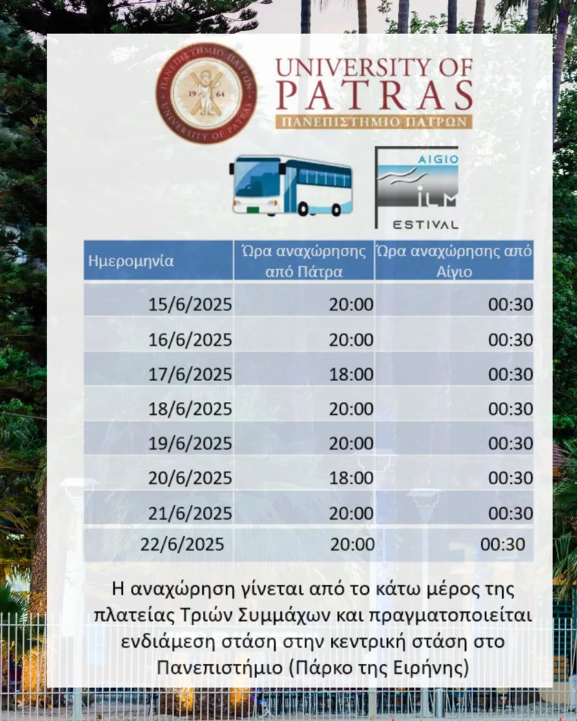 Με το Πανεπιστήμιο Πατρών στο Φεστιβάλ Αιγίου: Δωρεάν μεταφορά θεατών με λεωφορείο
