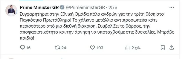 Μήνυμα Μητσοτάκη για την Εθνική Πόλο Ανδρών: «Το χάλκινο συμβολίζει θάρρος και αποφασιστικότητα»