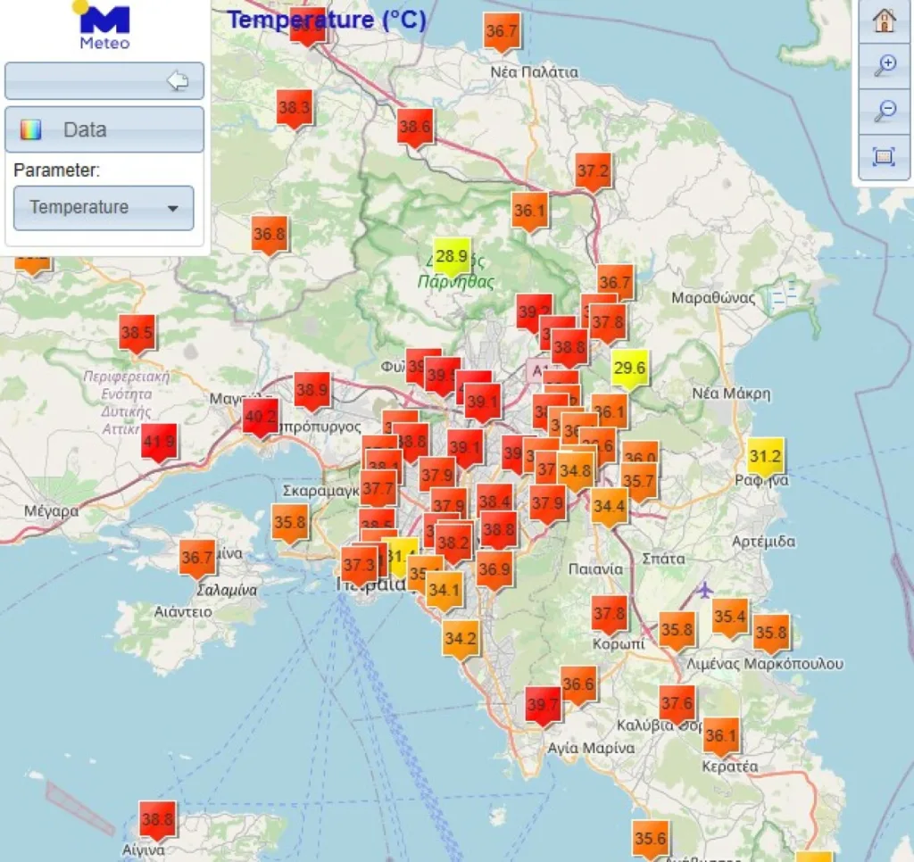 Καύσωνας: Στους 40 βαθμούς η θερμοκρασία στο κέντρο της Αθήνας ΧΑΡΤΗΣ