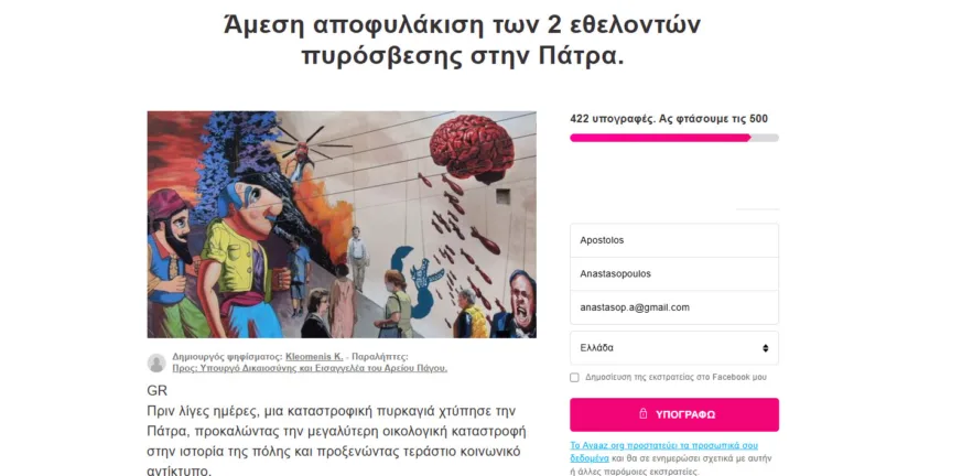 Συγκεντρώνουν υπογραφές για την αποφυλάκιση δύο νεαρών Πατρινών που κατηγορούνται για εμπρησμό στο Γηροκομειό