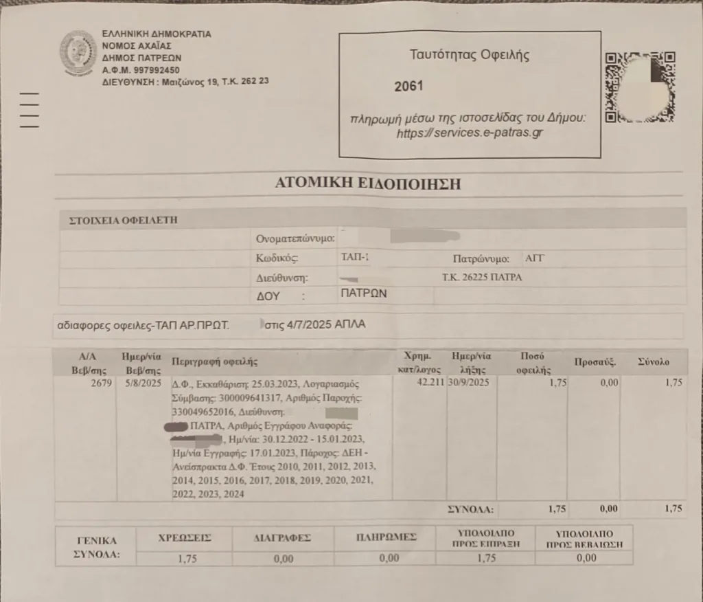 Όταν ο Δήμος Πατρέων «κυνηγάει» πεθαμένους για 1,75 ευρώ - Έστειλαν χρέος στον άλλο κόσμο