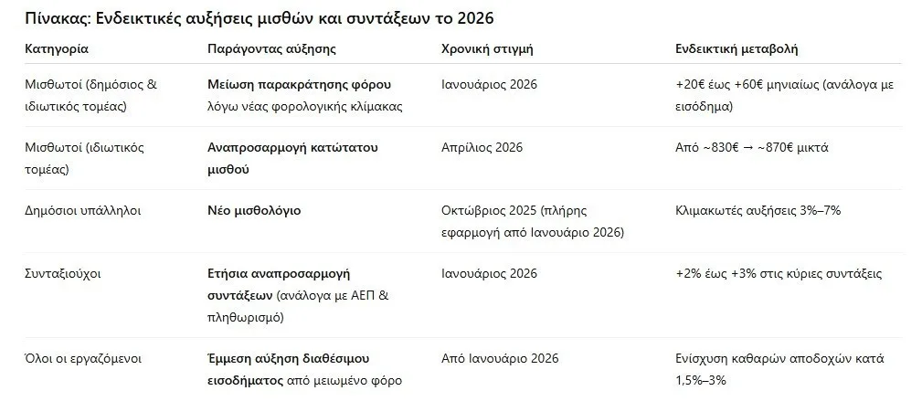 Δείτε τις αυξήσεις σε μισθούς και συντάξεις, τι θα ισχύσει το 2026