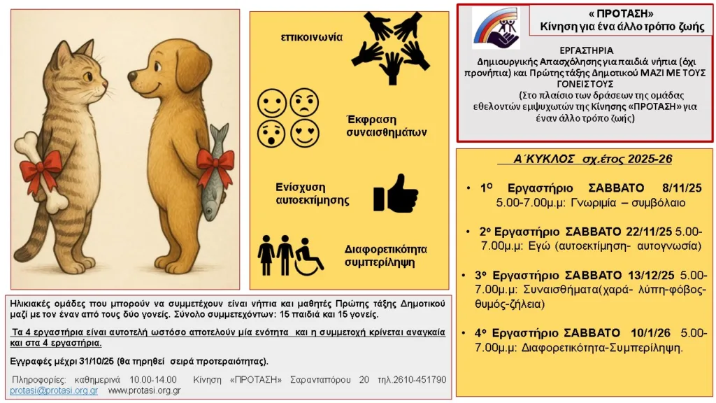 Πάτρα - Κίνηση «Πρόταση»: Εργαστήρια νηπίων και παιδιών Α΄ τάξης Δημοτικού