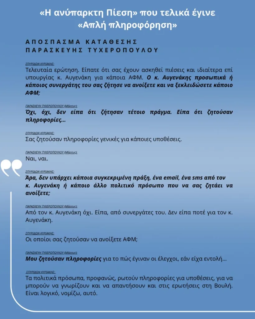 Αυγενάκης: «Οι πιέσεις έγιναν… απλή πληροφόρηση» – Τυχεροπούλου: «Δεν μου ζητήθηκε να ανοίξω ΑΦΜ»