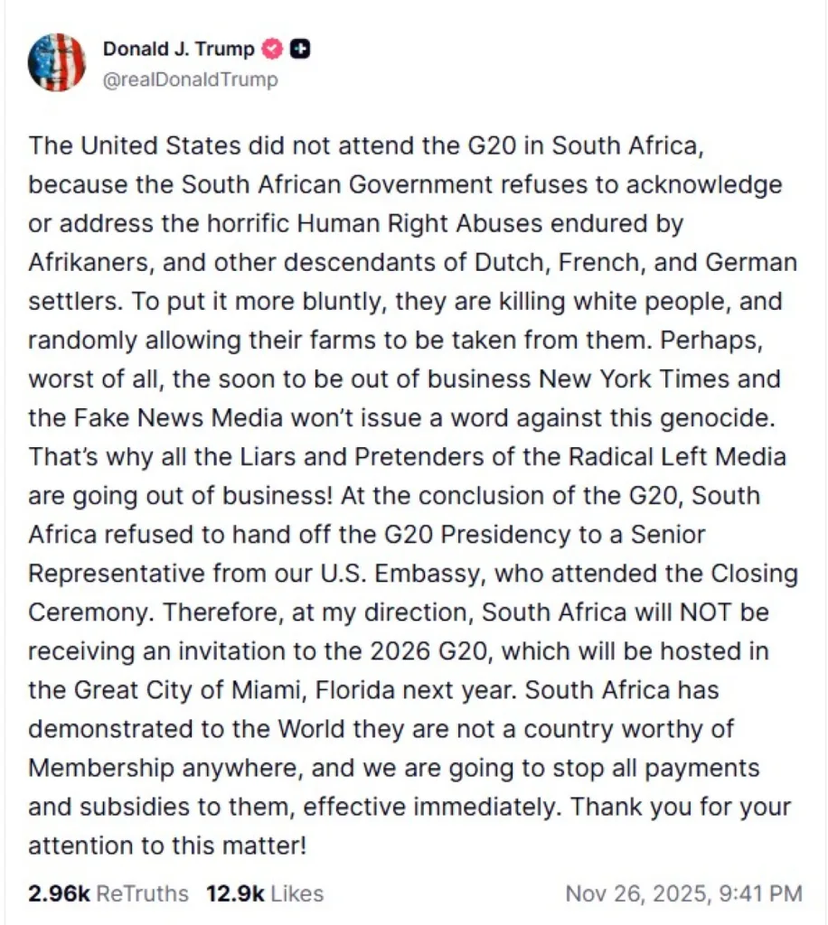 Ο Ντόναλντ Τραμπ απέκλεισε τη Νότια Αφρική από τη σύνοδο της G20: «Δεν είναι μια χώρα άξια να είναι μέλος σε οτιδήποτε»!