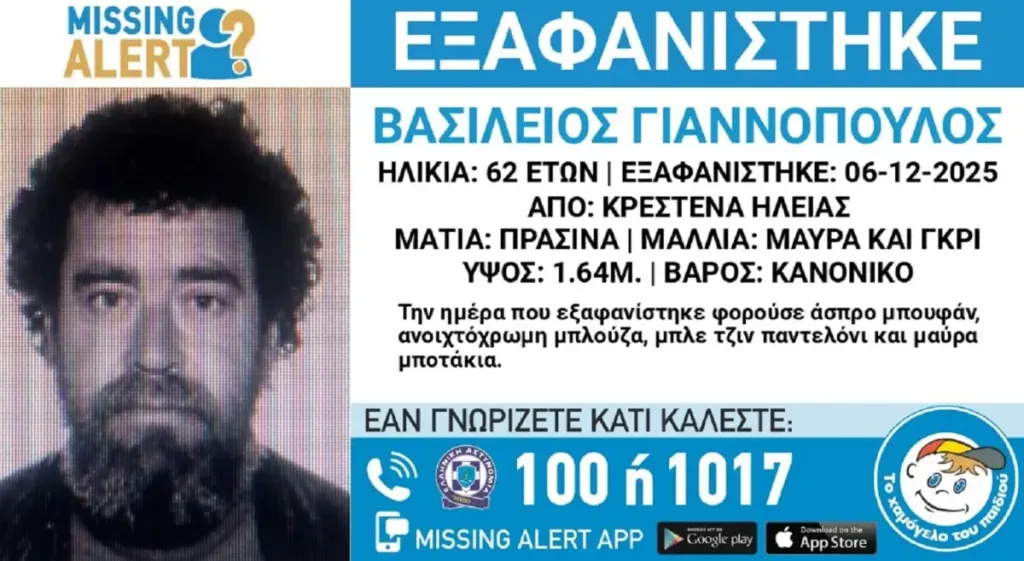 Ανησυχία για 62χρονο, εξαφανίστηκε στα Κρέστενα Ανησυχία για 62χρονο, εξαφανίστηκε στα Κρέστενα