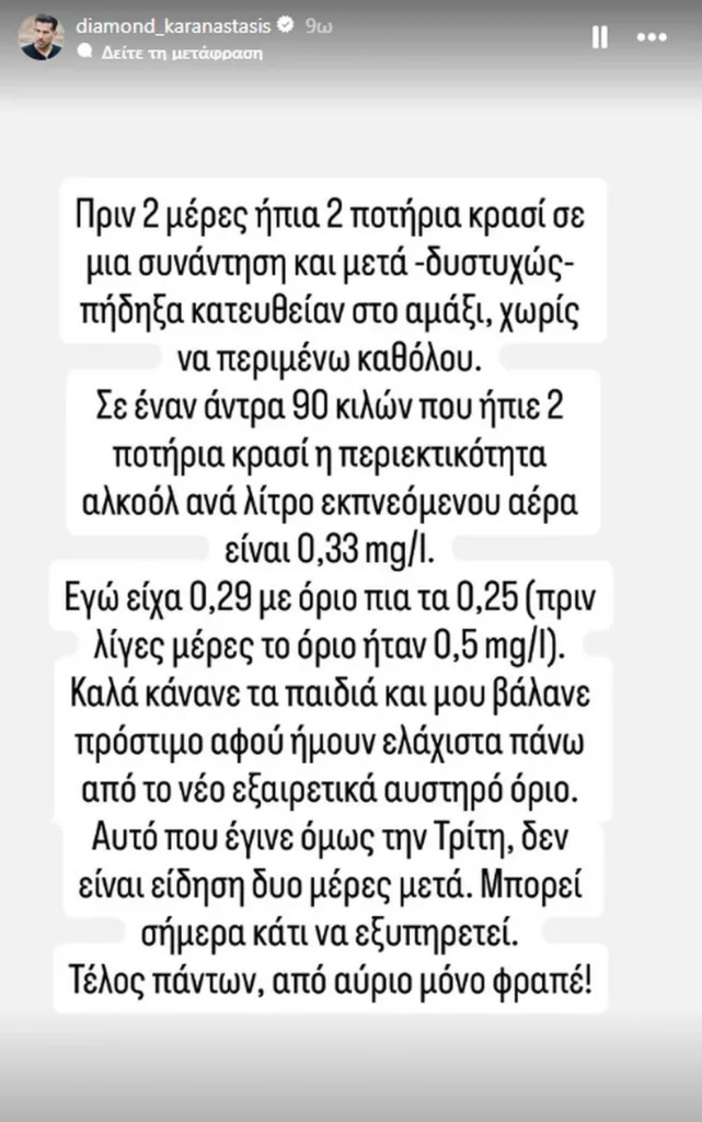 Η ανάρτηση Καραναστάση για το πρόστιμο και την αφαίρεση διπλώματος λόγω αλκοόλ