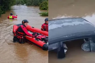 Λακωνία - Κακοκαιρία «Byron»: Oρμητικά νερά «κατάπιαν» ΙΧ, απεγκλωβισμός πολιτών με βάρκες ΒΙΝΤΕΟ