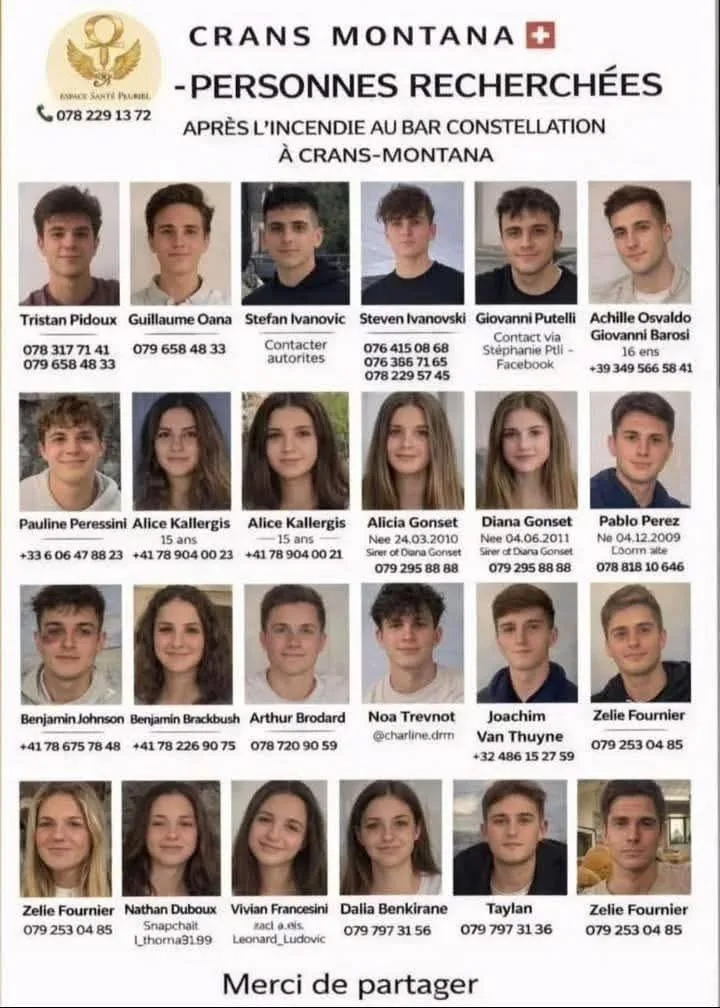 Τραγωδία στο Κραν Μοντανά: Ταυτοποιήθηκαν ακόμη 16 θύματα, αγωνία για την 15χρονη Αλίκη Τραγωδία στο Κραν Μοντανά: Ταυτοποιήθηκαν ακόμη 16 θύματα, αγωνία για την 15χρονη Αλίκη