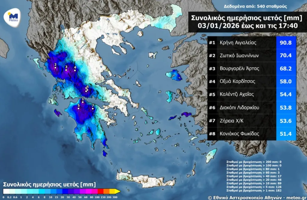 Ισχυρές βροχοπτώσεις στη δυτική Ελλάδα – Πάνω από 90 χιλιοστά στην Κρήνη Αιγιαλείας