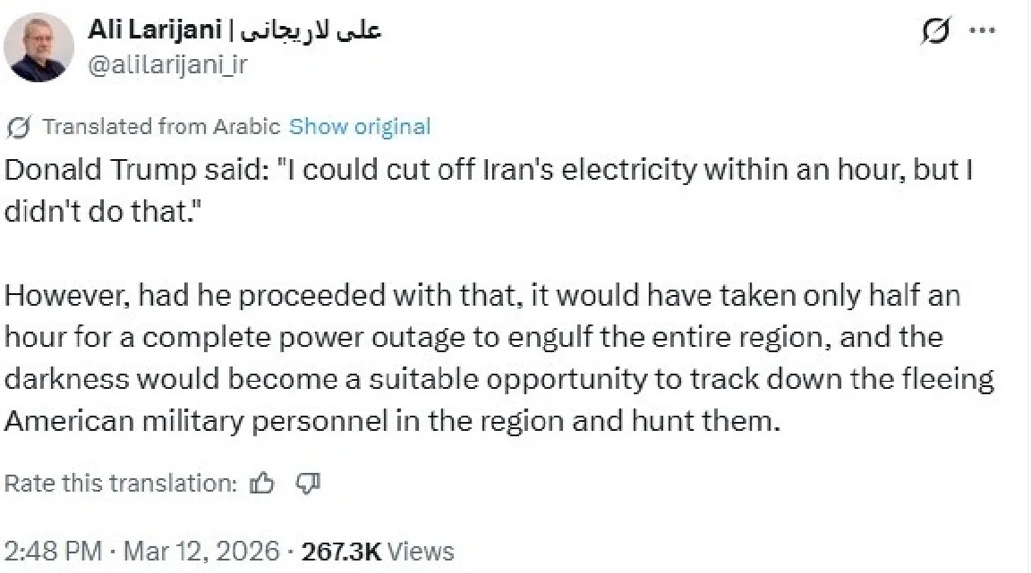 Λαριτζανί: Απειλεί με μπλακ άουτ στην περιοχή αν πληγεί το ιρανικό ηλεκτρικό δίκτυο