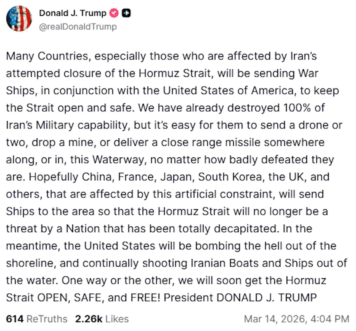 Τραμπ για Ορμούζ: «Σύντομα θα ανοίξουμε τα Στενά» – Κάλεσμα σε συμμάχους και Ασία