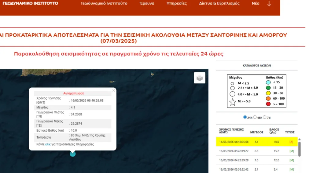 Σεισμός 4,1 Ρίχτερ ανοιχτά στα νότια της Κρήτης