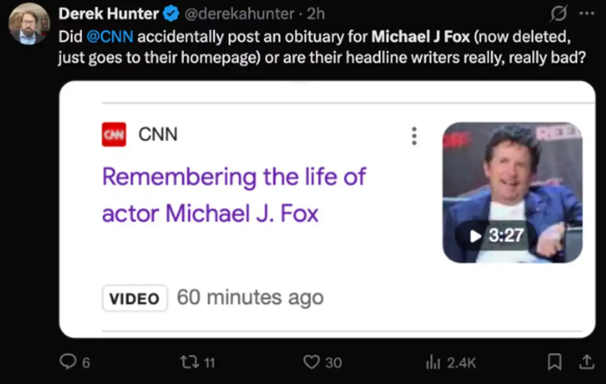 Μάικλ Τζ. Φοξ: Το CNN τον «πέθανε» κατά λάθος και ο ίδιος απάντησε με χιούμορ