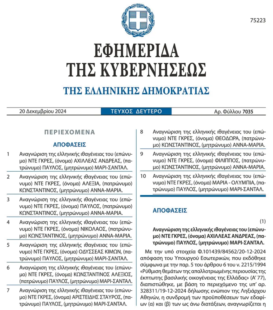 ΣτΕ: Με το επώνυμο «Ντε Γκρες» και ελληνική ιθαγένεια τα μέλη της τέως βασιλικής οικογένειας