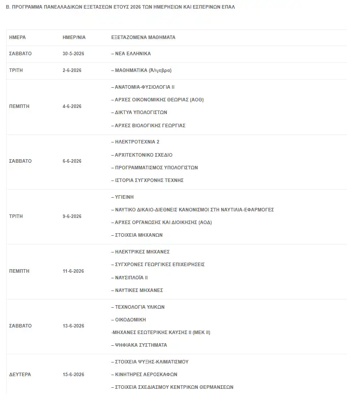 Πανελλήνιες 2026: Πότε ξεκινούν για ΓΕΛ και ΕΠΑΛ – Το πρόγραμμα, οι ώρες και οι ημερομηνίες για ΤΕΦΑΑ