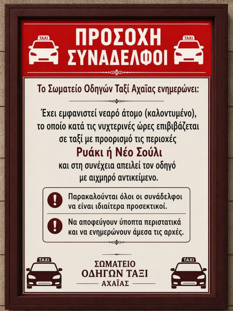 Πάτρα: Εφιάλτης σε νυχτερινές κούρσες – Νεαρός απειλεί οδηγούς ταξί σε Ρυάκι και Νέο Σούλι