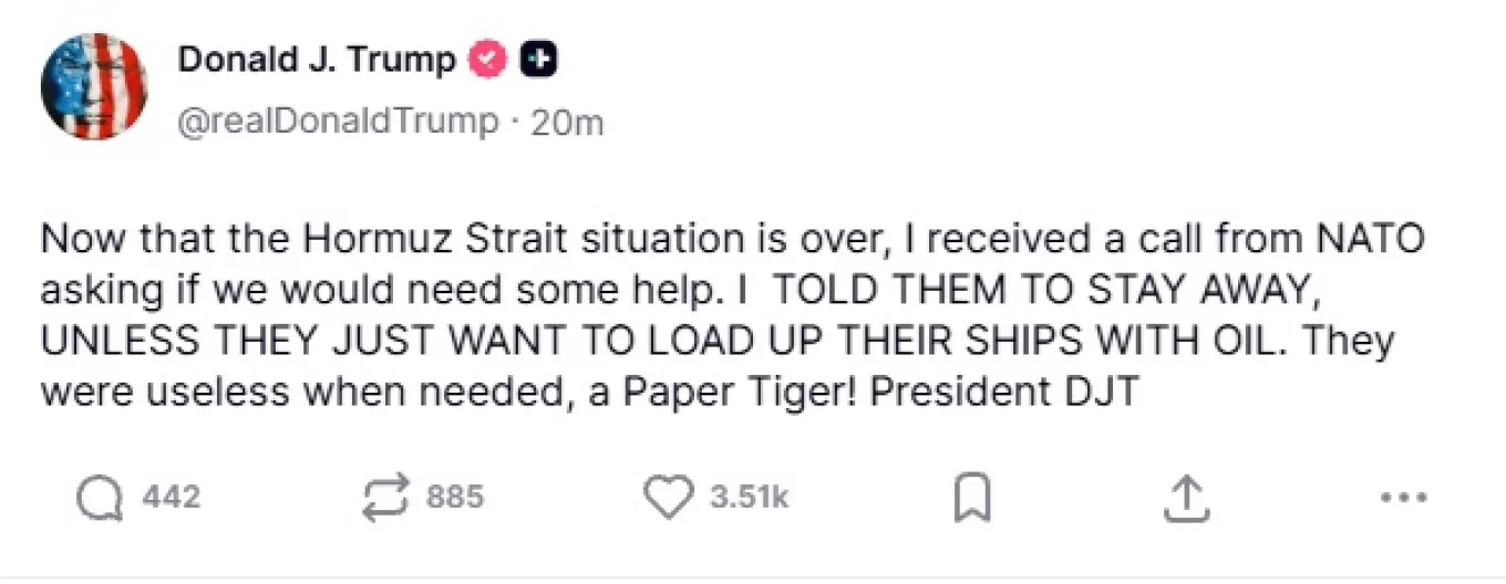 Τραμπ για Ορμούζ: «Υπέροχη μέρα για τον κόσμο» και νέα επίθεση στο ΝΑΤΟ