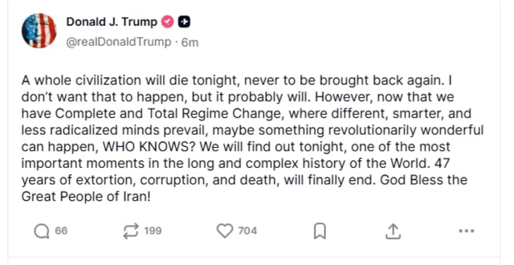 Νέα ανάρτηση Τραμπ για Ιράν: Απειλές για «εξαφάνιση πολιτισμού» και υπαινιγμοί για αλλαγή καθεστώτος