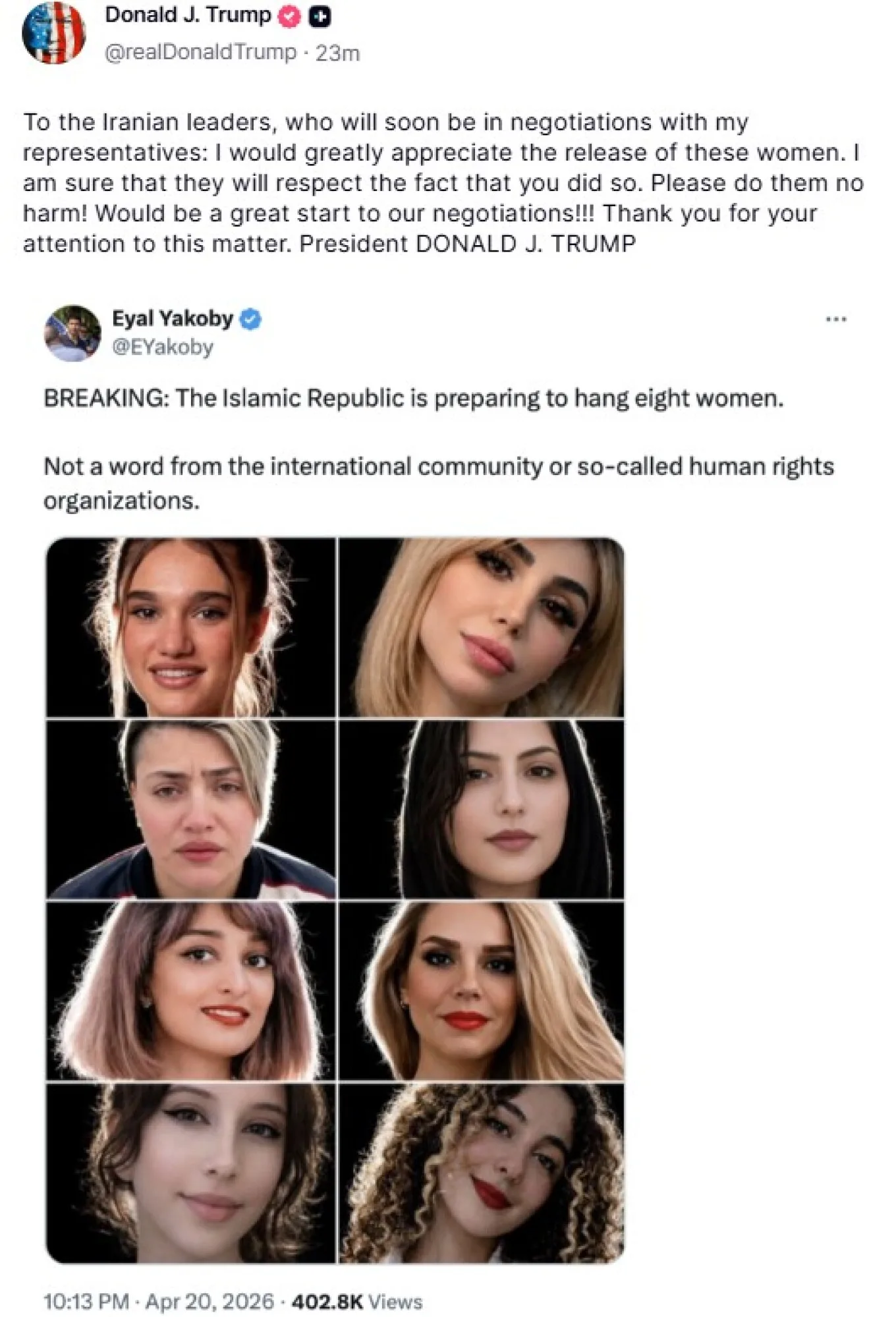 Ντόναλντ Τραμπ για Ιράν: Ζητά την απελευθέρωση 8 γυναικών πριν από τις διαπραγματεύσεις