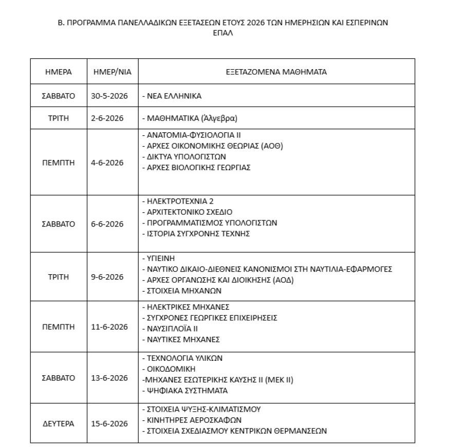 Πανελλαδικές 2026: Πότε ξεκινούν για ΓΕΛ και ΕΠΑΛ, τι ισχύει για ειδικά μαθήματα και ΤΕΦΑΑ Πανελλαδικές 2026: Πότε ξεκινούν για ΓΕΛ και ΕΠΑΛ, τι ισχύει για ειδικά μαθήματα και ΤΕΦΑΑ