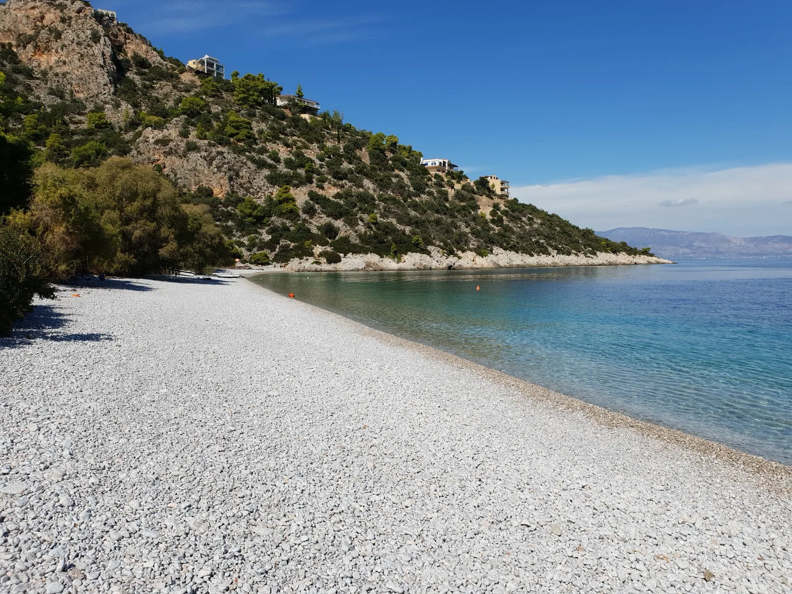 Ήσυχος κόλπος με βότσαλα και πεύκα στην παραλία Καλογερολίμανο στην Κορινθία