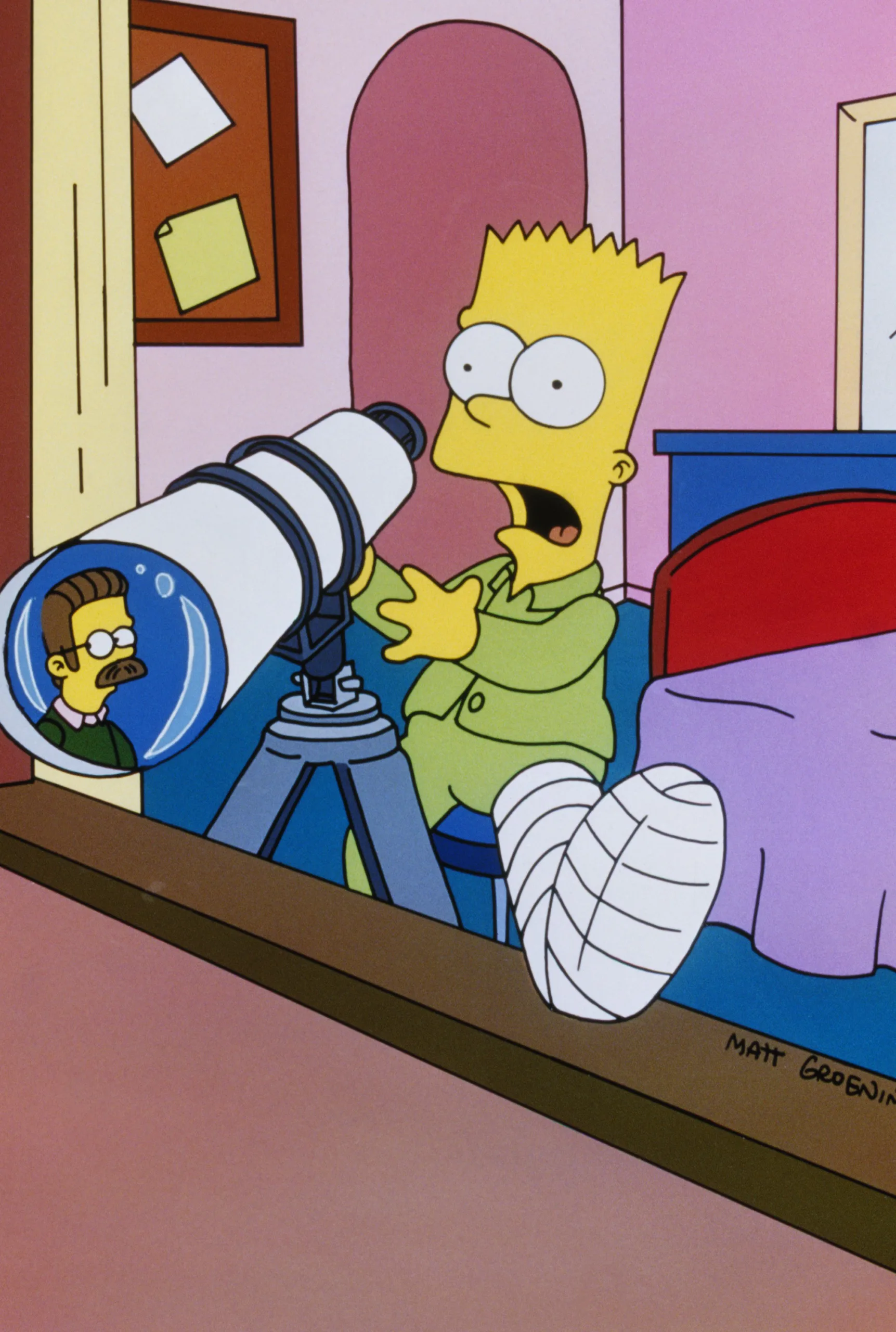 Οι Simpsons ξαναγυρίζουν το σινεμά: Ο Ρίπλεϊ, ο «Πολίτης Κέιν» και η «Λάμψη» στο Springfield Ο Bart Simpson παρακολουθεί τους Flanders με κιάλια