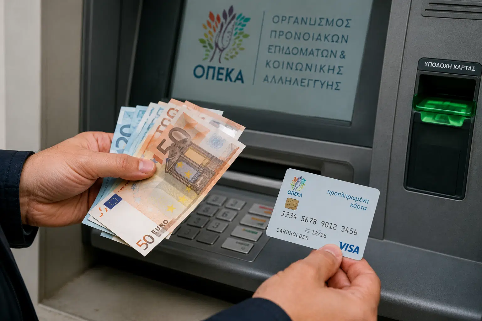 ΟΠΕΚΑ: Αντίστροφη μέτρηση για τις πληρωμές – Πότε φαίνονται τα ποσά στα ΑΤΜ Χέρια κρατούν ευρώ και προπληρωμένη κάρτα του ΟΠΕΚΑ μπροστά από ΑΤΜ