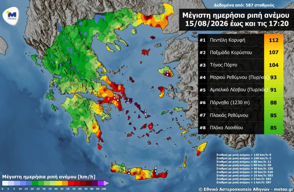 Μελτέμι: Ριπές πάνω από 100 χλμ./ώρα – Πού καταγράφηκαν οι ισχυρότεροι άνεμοι Μελτέμι: Ριπές πάνω από 100 χλμ./ώρα – Πού καταγράφηκαν οι ισχυρότεροι άνεμοι