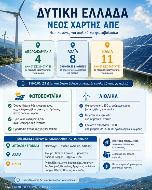 Ο νέος χάρτης της πράσινης ενέργειας στη Δυτική Ελλάδα: Πού επιτρέπονται και πού όχι, αιολικά και φωτοβολταϊκά πάρκα Ο νέος χάρτης της πράσινης ενέργειας στη Δυτική Ελλάδα: Πού επιτρέπονται και πού όχι, αιολικά και φωτοβολταϊκά πάρκα