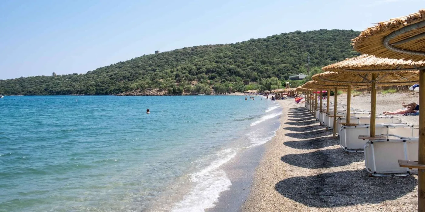 6 παραλίες με φυσική σκιά στην Πελοπόννησο Οργανωμένο τμήμα της αμμώδους παραλίας Βαθύ στη Λακωνία με ψάθινες ομπρέλες, ξαπλώστρες και καταπράσινους λόφους