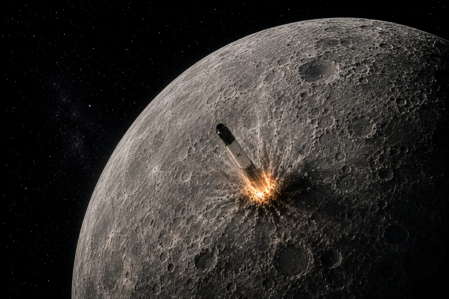 Τι συμβαίνει στη Σελήνη; Τμήμα πυραύλου της SpaceX έπεσε στην επιφάνειά της – Άνοιξε νέος κρατήρας Ψηφιακή απεικόνιση τμήματος πυραύλου που προσκρούει στην επιφάνεια της Σελήνης