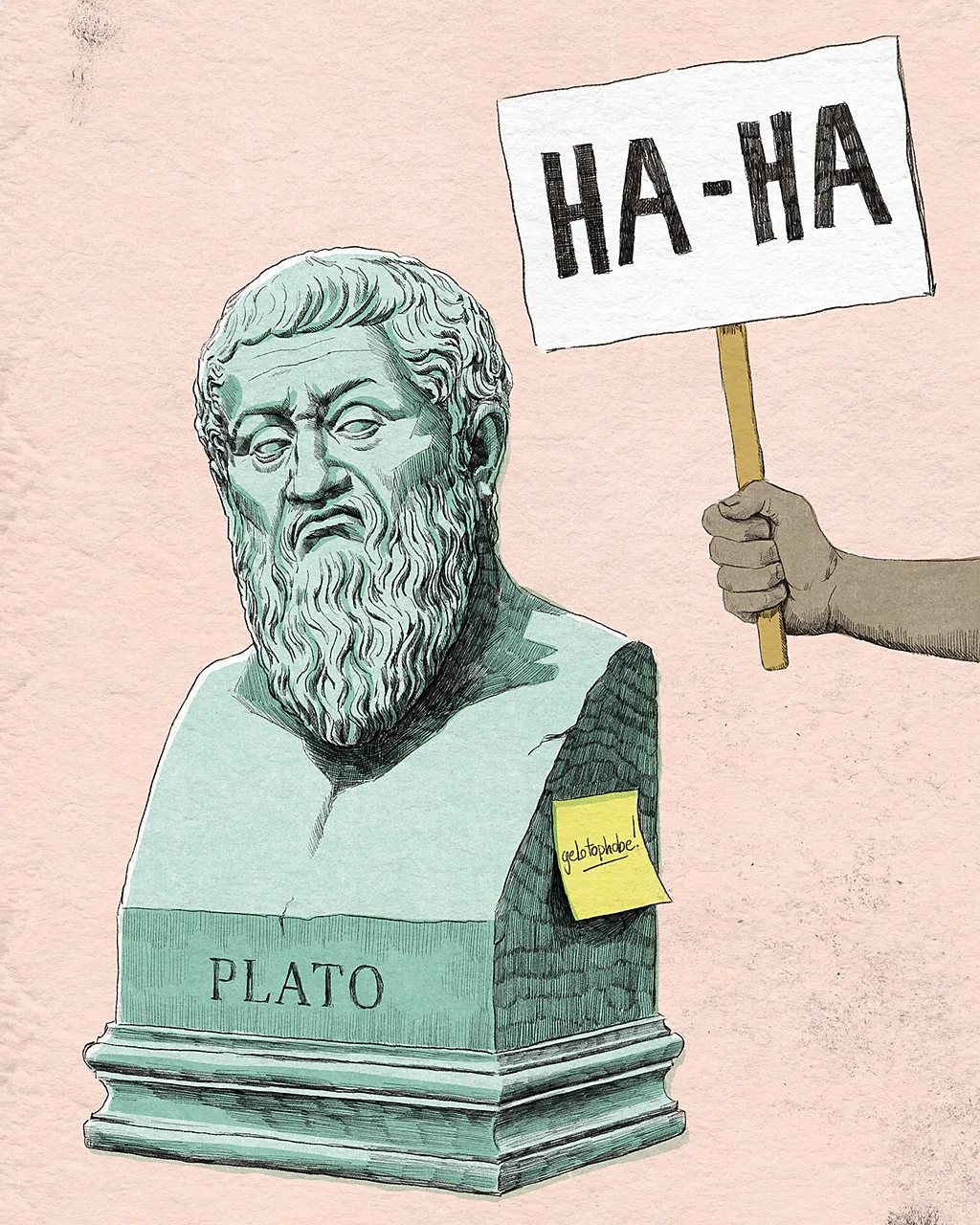Γιατί ο αυτοσαρκασμός μπορεί να μας προστατεύει – Και πότε αρχίζει να μας πληγώνει Εικονογράφηση με την προτομή του Πλάτωνα και πινακίδα που γράφει Ha-Ha