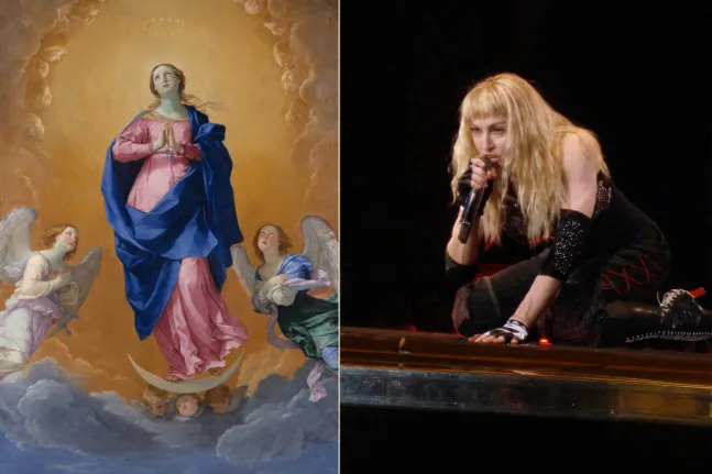 Η Άμωμη Σύλληψη του Guido Reni δίπλα στη Madonna κατά την ερμηνεία του Like a Prayer.