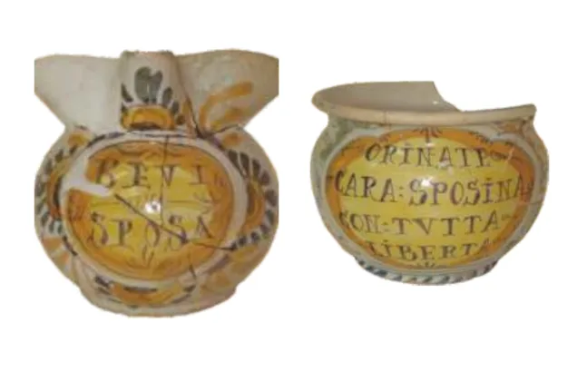 Κανάτι BEVI SPOSA και αγγείο νυκτός CARA SPOSINA από το Ρωμαϊκό Ωδείο Πάτρας