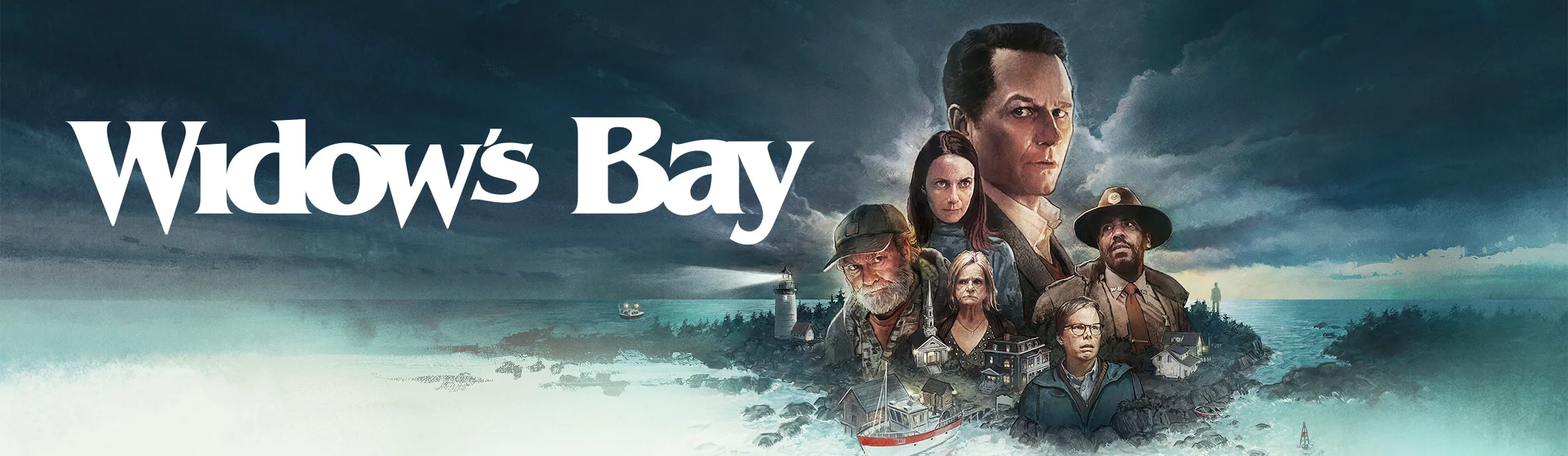 Widow’s Bay: Η σειρά που τρόμαξε τα Emmy και χωράει σε ένα Σαββατοκύριακο Το επίσημο key art της σειράς Widow’s Bay με τον Μάθιου Ρις και τους κατοίκους του νησιού