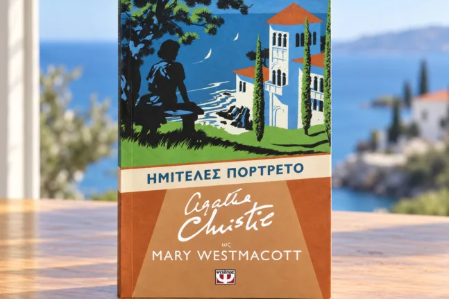 Το πραγματικό ελληνικό εξώφυλλο του Ημιτελούς πορτρέτου σε φωτορεαλιστική σύνθεση με θέα τη θάλασσα