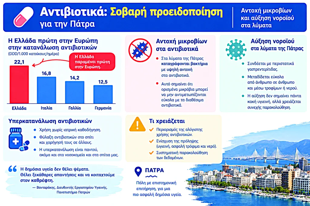 Πάτρα: Στο κόκκινο η κατανάλωση αντιβιοτικών - «Καμπανάκι» για τη δημόσια υγεία χτυπούν οι μετρήσεις στα λύματα Πάτρα: Στο κόκκινο η κατανάλωση αντιβιοτικών - «Καμπανάκι» για τη δημόσια υγεία χτυπούν οι μετρήσεις στα λύματα