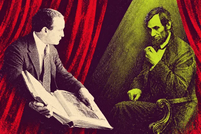 Ποπ εικαστική επεξεργασία της φωτογραφίας του Χουντίνι με το «φάντασμα» του Λίνκολν, σε κόκκινο, μοβ και πράσινο.