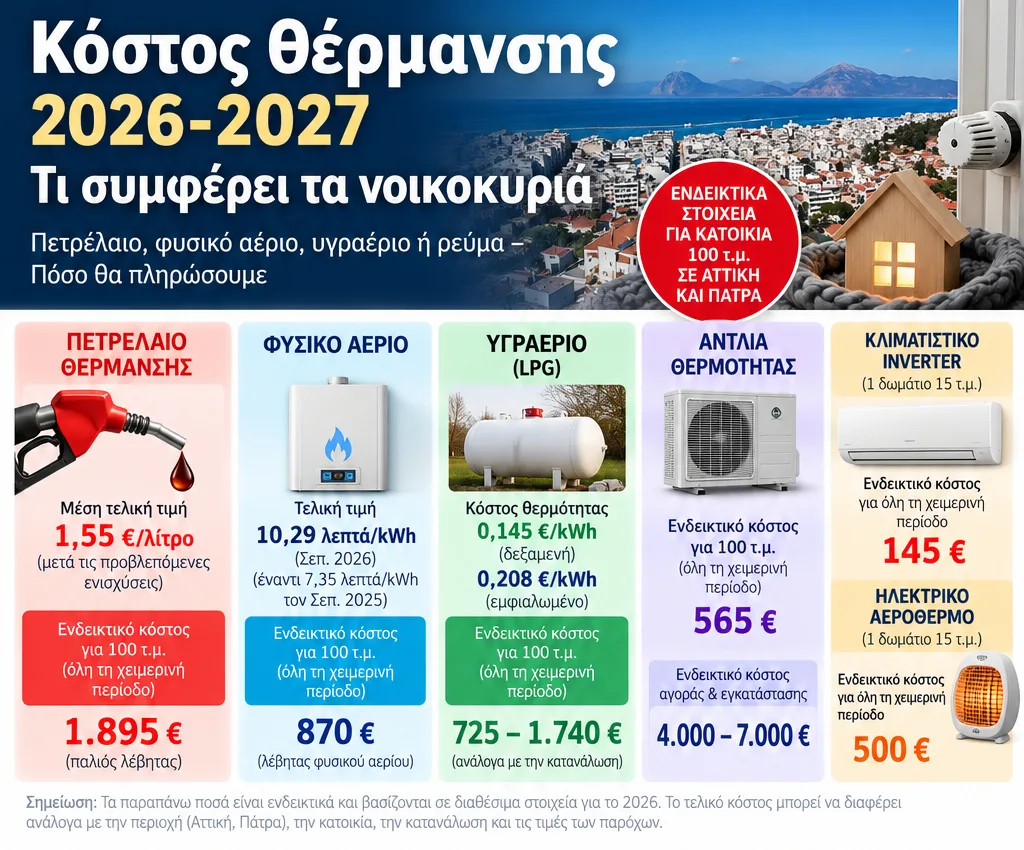 Θέρμανση: Ποια λύση συμφέρει και πόσο θα πληρώσουμε τον χειμώνα 2026-2027 - Παραδείγματα για Αττική και Πάτρα Θέρμανση: Ποια λύση συμφέρει και πόσο θα πληρώσουμε τον χειμώνα 2026-2027 - Παραδείγματα για Αττική και Πάτρα